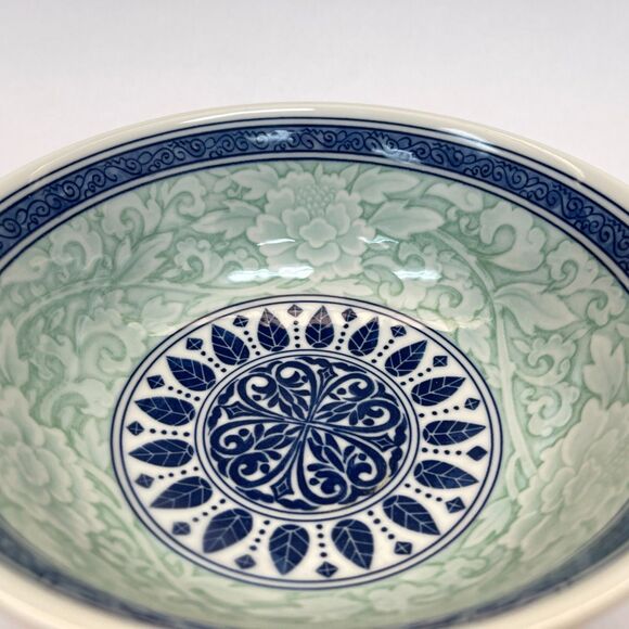 Asian Serving Bowl White Blue Green Floral Flowers Leaves 8 3/8" x 3 3/8" high - Picture 8 of 10
